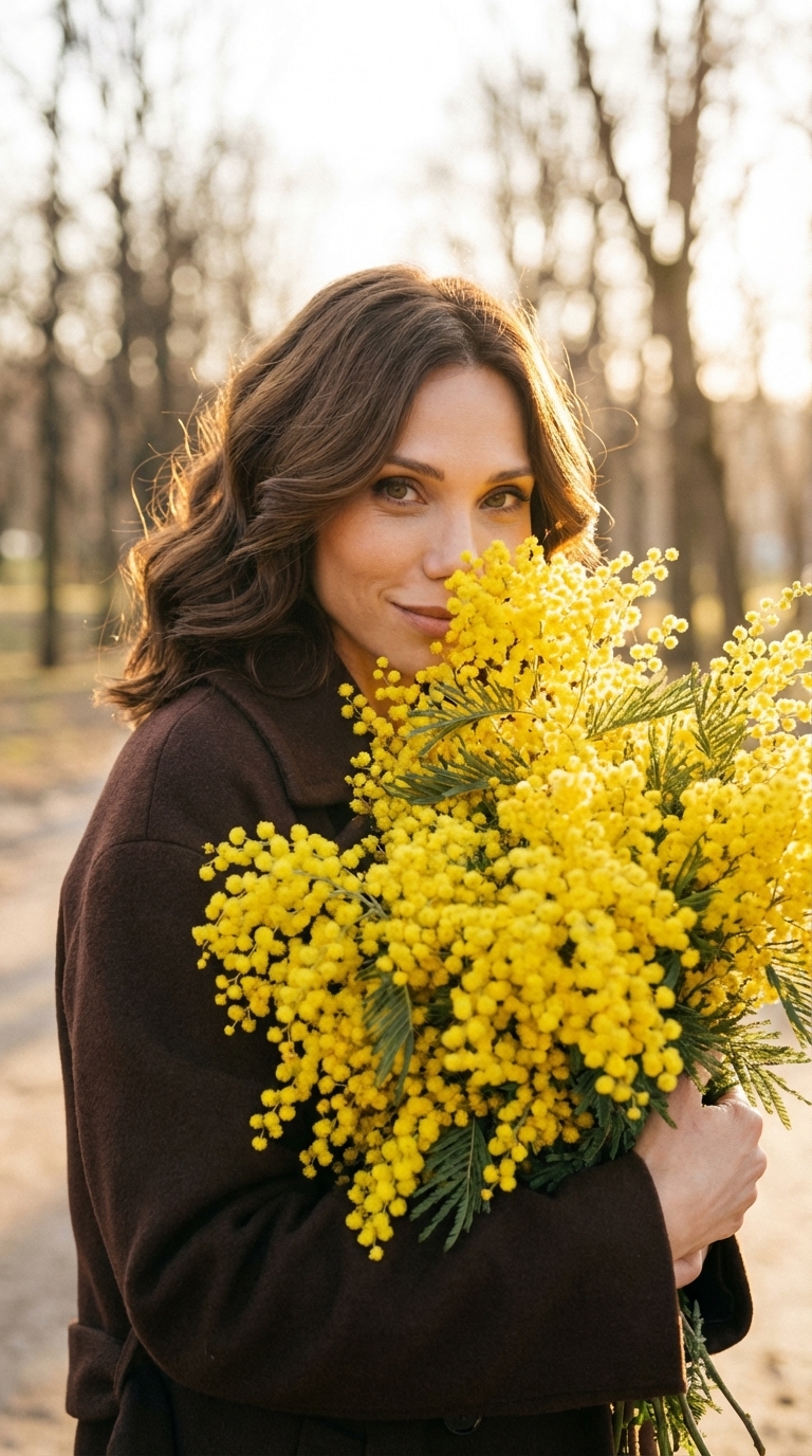 С букетом мимозы