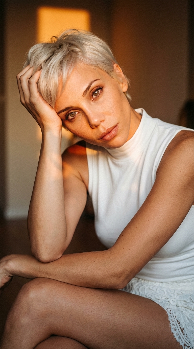 Платиновый блонд в тёплом свете