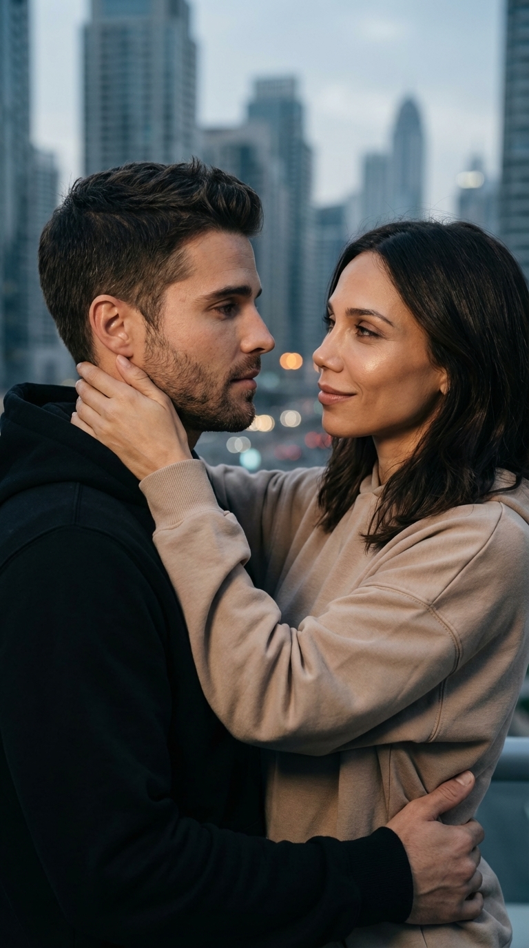 Объятия на фоне города