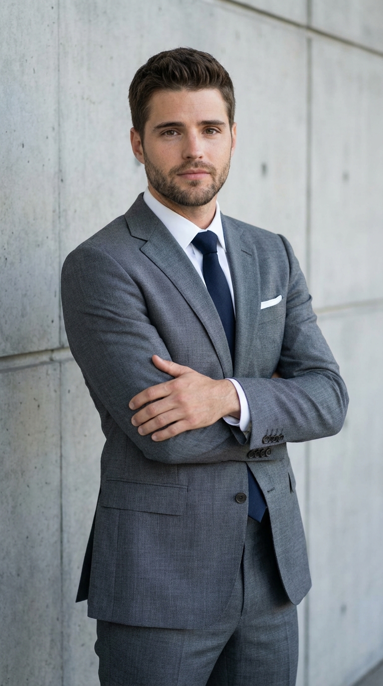 LinkedIn серый костюм у стены