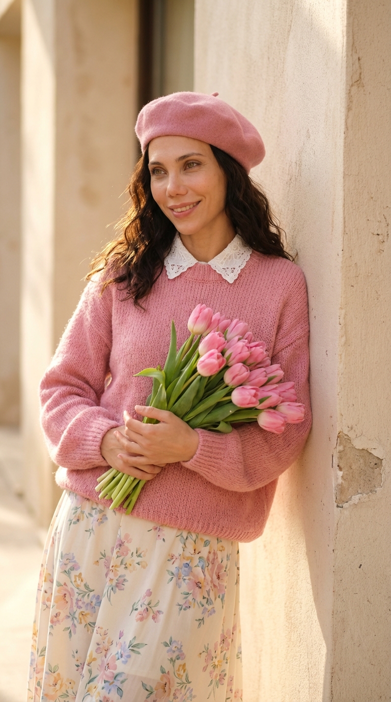 С тюльпанами у стены