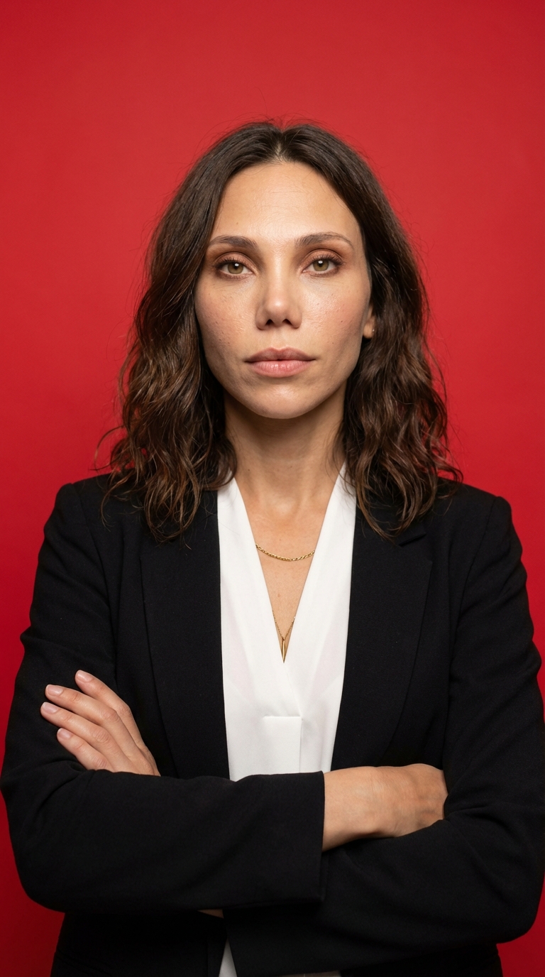 На красном фоне в черном пиджаке