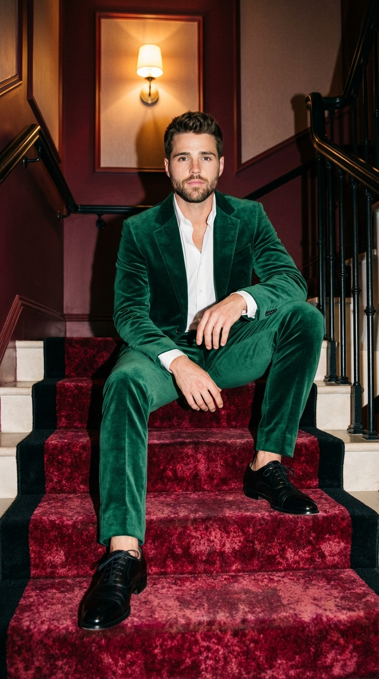 На лестнице в зеленом костюме