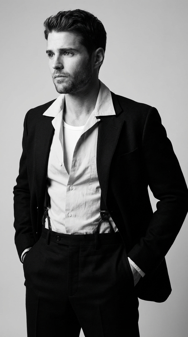 Мужчина в черном пиджаке с подтяжками