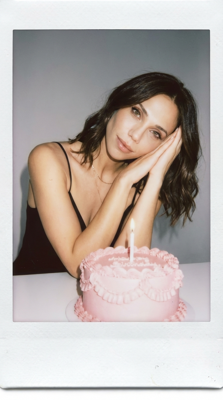 Женщина с тортом в стиле Instax