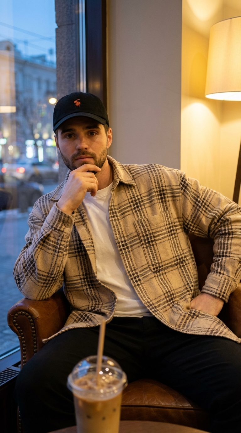 Мужчина в кожаном кресле в городском кафе