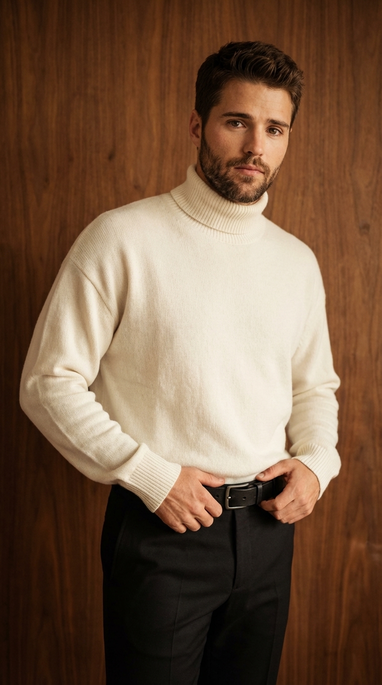 Мужчина в белой водолазке у деревянной панели